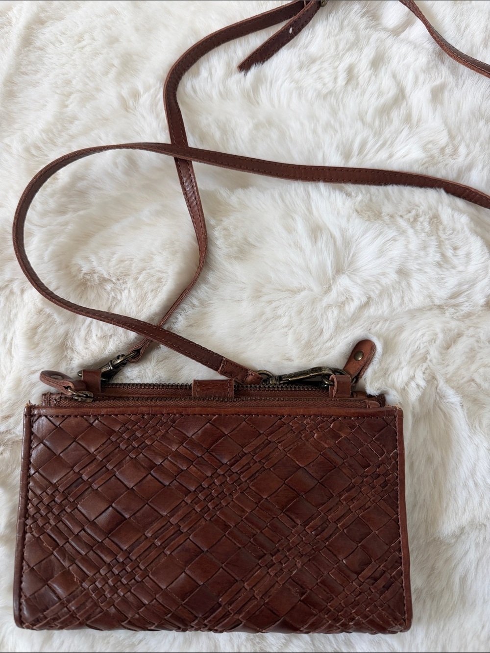 Brown Woven Leather Crossbody Wallet Bag